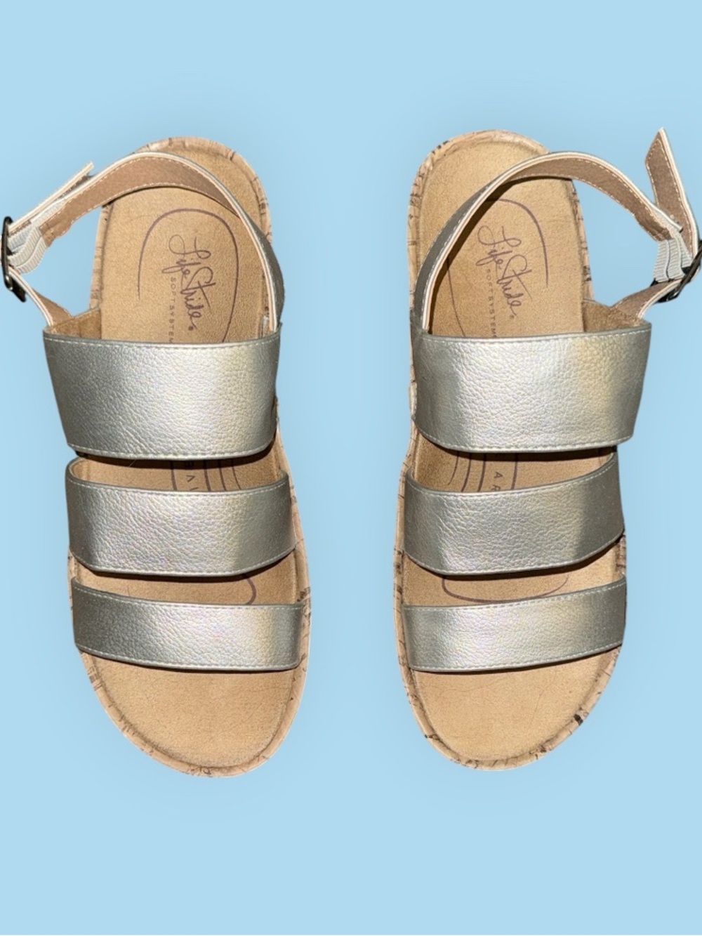 Life Stride Wynonna Metallic Silver Wedge Sandals Women’s Size 7.5W